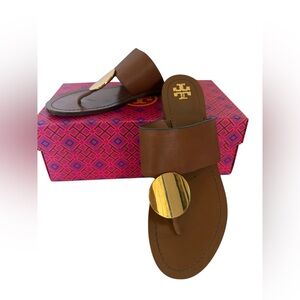 Tory Burch Patos Disk Leather Sandal Mou Brown Size 9 - Authentic